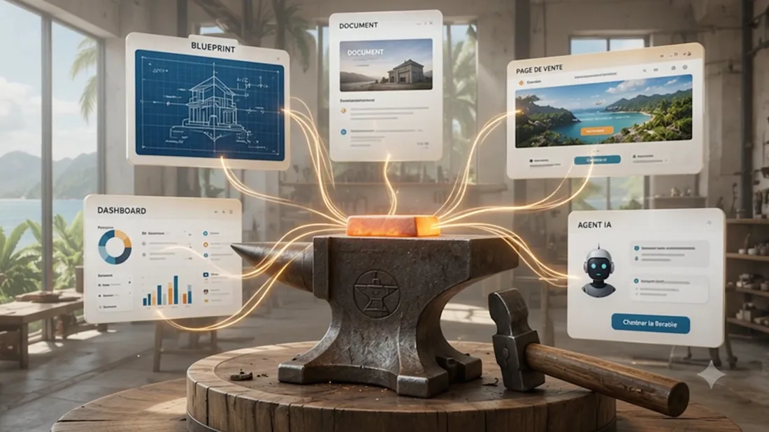 Forge BookForge : une enclume transforme la matière brute en livrables business — blueprint, document, page de vente, dashboard et agent IA