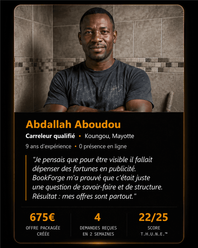 Témoignage d'Abdallah Aboudou, carreleur qualifié à Koungou (Mayotte) : ses offres sont partout grâce au savoir-faire structuré par BookForge.