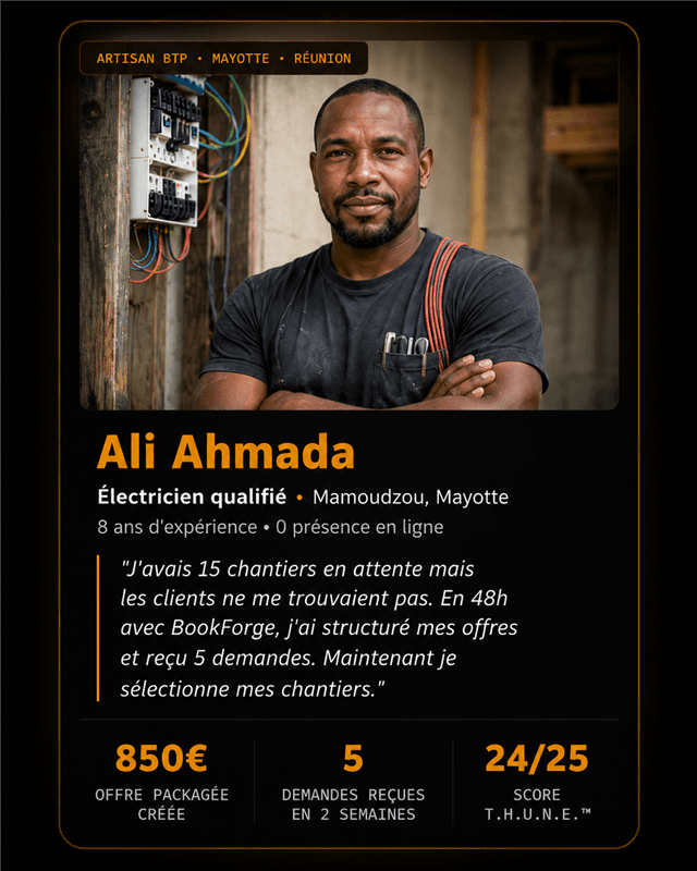 Témoignage d'Ali Ahmada, électricien qualifié à Mamoudzou (Mayotte) : 15 chantiers en attente, 5 demandes reçues en 48h après avoir structuré ses offres avec BookForge.