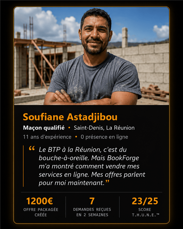 Témoignage de Soufiane Astadjibou, maçon qualifié à Saint-Denis (La Réunion) : ses offres parlent pour lui depuis qu'il vend ses services en ligne avec BookForge.